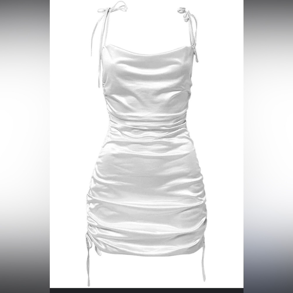 Leau White Satin Cabo style slip dress Size large with side ruched trim NWT